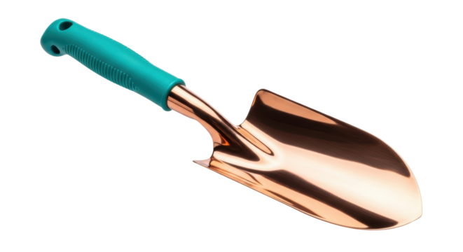 Copper trowel isolated PNG on transparent background, small hand garden tool for planting and transplanting flowers and herbs