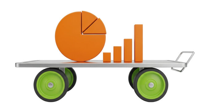 Orange pie chart and bar graph on a hand truck isolated PNG, business data visualization for finance and investment analysis