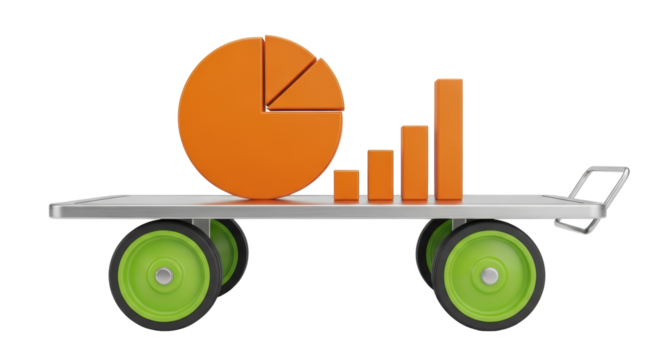 Orange pie chart and bar graph on a hand truck isolated PNG, business data visualization for finance and investment analysis