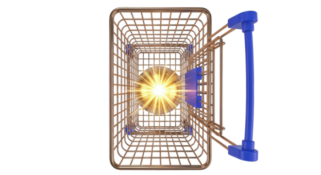 Shiny gold shopping basket isolated on transparent background PNG, metal wire cart with blue handle for retail and e-commerce use