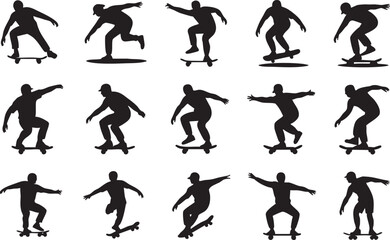 Fifteen Black Silhouettes of Skateboarders Performing Various Tricks and Poses skateboarding person
