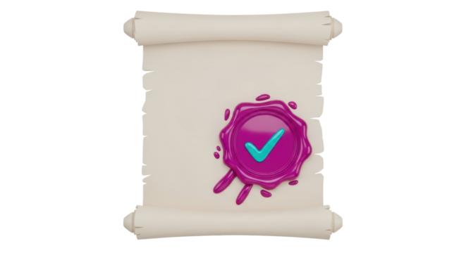 Scroll with purple wax seal and green check mark isolated PNG, document confirmation graphic element for design and presentations