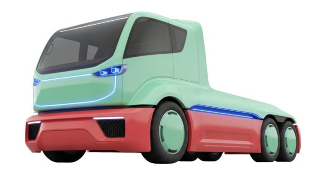 Modern green and red truck PNG isolated on transparent background, futuristic vehicle concept for transportation and logistics