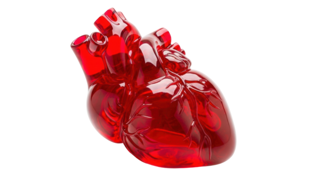 Red anatomical heart isolated PNG on transparent background, realistic human organ model for medical and educational use