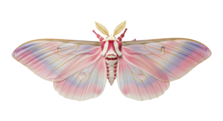 Rosy maple moth isolated PNG on transparent background, colorful dryocampa rubicunda with pink and yellow wings, insect for design use