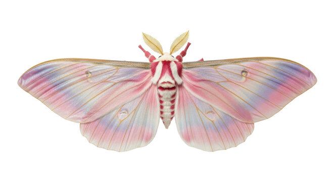 Rosy maple moth isolated PNG on transparent background, colorful dryocampa rubicunda with pink and yellow wings, insect for design use