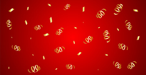 Gold Confetti and Streamer Ribbon on Red Background. Festive Celebrations. Wallpaper. Vector Illustration