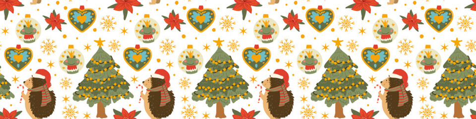Christmas border pattern with festive ornaments and hedgehog in Santa hat. Seamless holiday design. Tape of christmas animal and spruce, baubles.