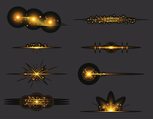 A collection of eight golden light effects on a black background with varying shapes and intensities vector 