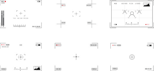 Set of 6 camera viewfinder interface overlay. Video camera screen. Camera frame with rec, battery, and focusing. camera recording screen overlay. video camera overlay vector on black background.