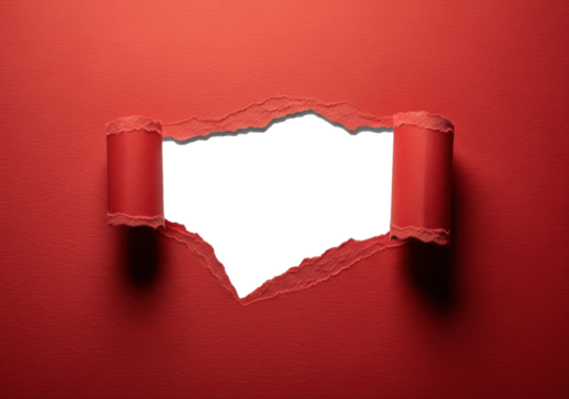Red paper with torn hole isolated PNG, revealing a blank space for text or image, perfect for graphic design and advertising