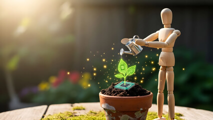 テクノロジーの種に水をやり育成するデッサン人形