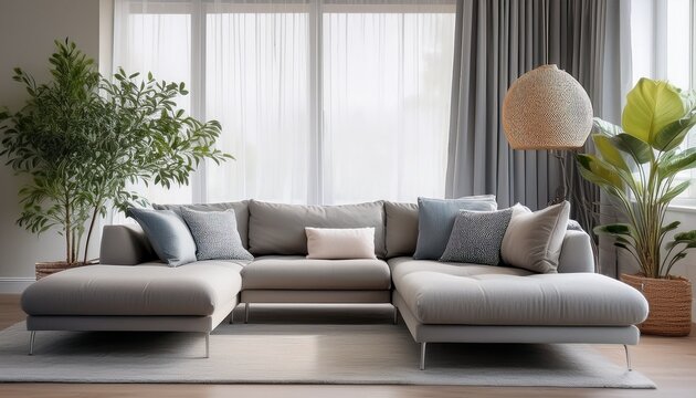 light gray sectional sofa with plush pillows and potted plant interior