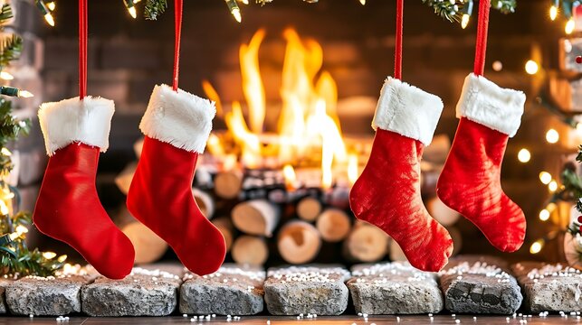 Festive Red Christmas Stockings Hanging in Front of Fireplace with Fire and Logs