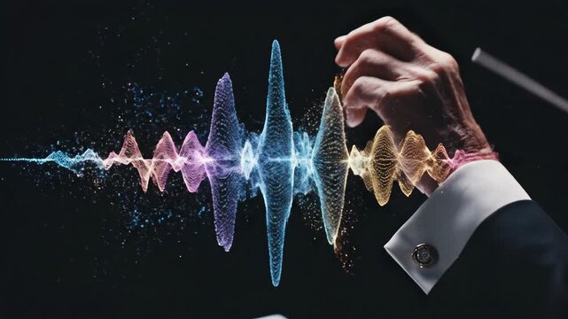 Conductors hand directs symphony with baton summoning digital sound waves. Abstract music visualization evolving from sparks to colorful vibrations in cinematic closeup