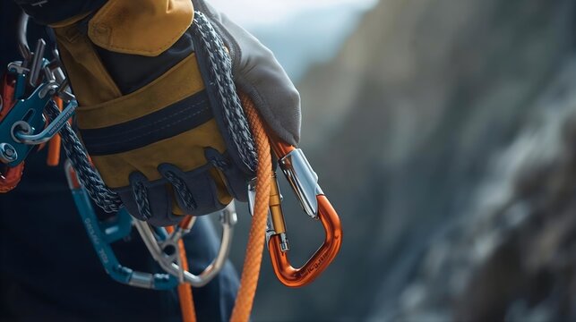 Rappel Close-Up of Gloved Hand Gripping Colorful Climbing Ropes and Belay Gear Outdoors