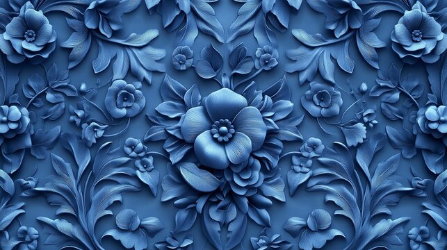 Intricate blue floral relief pattern with detailed blossoms and leaves creating a beautiful textured background - Powered by Adobe