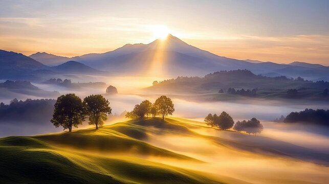 A breathtaking panoramic view of rolling hills and mountains shrouded in mist, illuminated by golden sunbeams breaking through the clouds at sunrise.