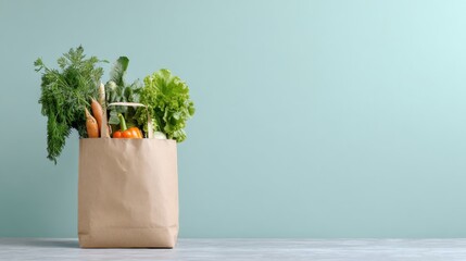 Minimalist eco bag filled with fresh vegetables standing on table. Organic greens, carrots and peppers highlighting sustainable shopping and healthy food choices