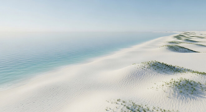 Discover the serene beauty of white sand dunes meeting tranquil turquoise waters, a peaceful coastal escape for your next travel or wellness campaign