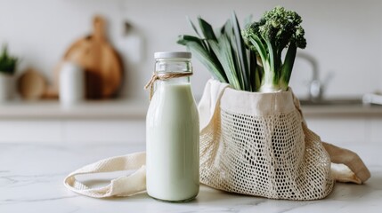 Glass bottle of fresh plant-based milk placed beside reusable mesh grocery bag filled with leafy greens. Clean, minimal eco kitchen scene promoting sustainable and healthy food habits