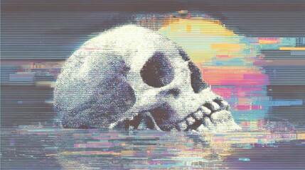 Wireframe Skull Rises From Distorted Digital Code in a Vibrant Glitch Artwork Representing a Cyber Attack