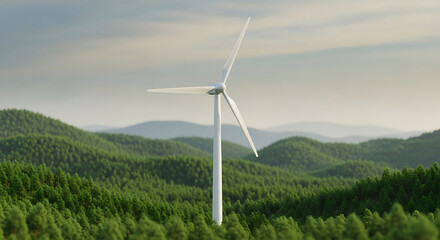 Sustainable energy solution with wind turbine generating clean power on lush green hillside, promoting eco-friendly lifestyle and environmental responsibility