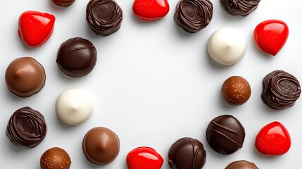 Fototapeta premium Assorted Gourmet Chocolate Truffles in Dark, Milk, and White Chocolate Surrounding Red Heart-Shaped Candies on a Clean White Surface