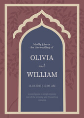 Elegant burgundy and navy layout featuring a decorative arch and subtle leafy patterns, designed in a refined minimalist style with soft typography for a sophisticated celebratory announcement