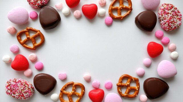 Colorful Arrangement of Sweet Treats with Cookies, Chocolate, Hearts, and Pretzels Perfect for Celebrations and Festive Occasions