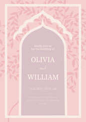 Elegant pastel layout featuring a decorative arch and soft leafy patterns, designed in a gentle minimalist style with refined typography for a sophisticated celebratory announcement