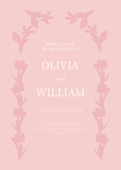 Soft pink floral layout with symmetrical decorative borders and elegant typography, designed in a delicate minimalist style suitable for a refined celebratory announcement