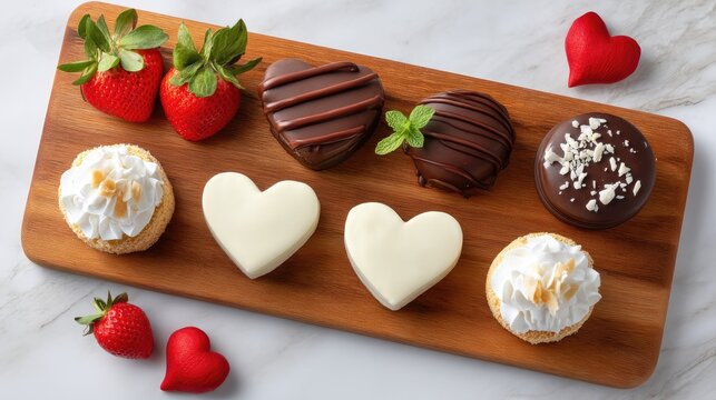 Delicious Valentine's Day Treats Displayed on Wooden Board with Fresh Strawberries and Heart-Shaped Desserts Perfect for Sweet Celebrations