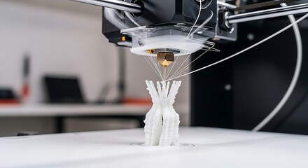A 3D printer nozzle extrudes white filament to create a complex, organic-shaped object on a white platform, with a blurred background showing a desk and laptop.