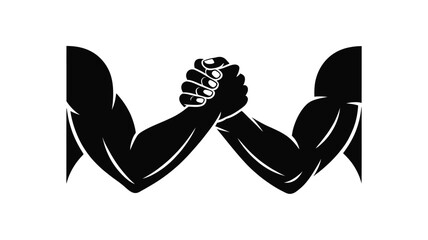 Silhouette of two muscular arms locked in a strong handshake symbolizing competition and strength