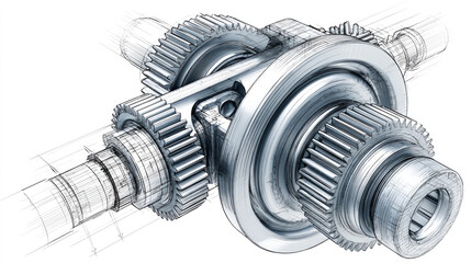 Metal gearbox assembly sketch showing gears and shaft motion