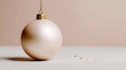 Christmas beige pastel ornament with gold detailed cap and hanging chain, placed on light surface with small gold stars. Elegant festive decor ideal for wallpaper, poster, banner