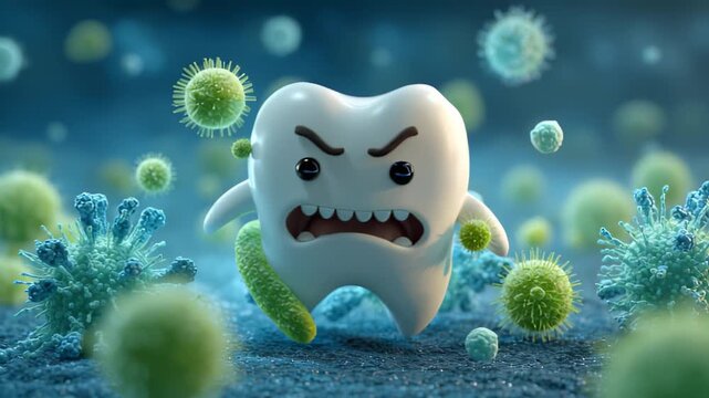 Tooth dental health hygiene concept. A 3D rendered, cartoonish tooth character with a mischievous grin, surrounded by microscopic organisms. 