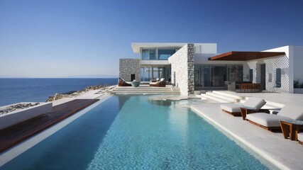 Modern luxury villa with infinity pool overlooking the ocean a contemporary architectural design for upscale living and vacation rentals under a clear blue sky