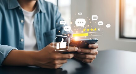 Man interacts with digital interface on smartphone, showing positive feedback and online communication in a modern, technological setting.