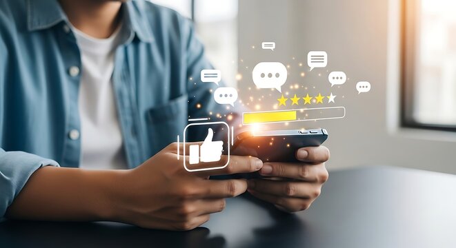 Man interacts with digital interface on smartphone, showing positive feedback and online communication in a modern, technological setting.