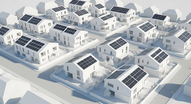 Eco-friendly living showcases solar panel homes in a modern neighborhood offering sustainable energy solutions for a greener future, minimalist architectural design