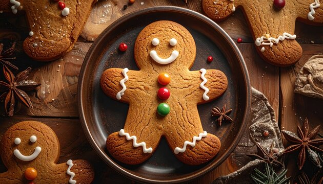 Gingerbread Man Cookie On Plate With Candy Buttons And Icing On Rustic Wooden Background For Christmas Holiday Baking And Festive Treats