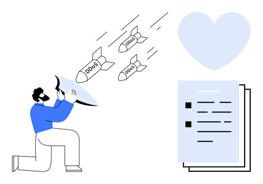 Person kneeling with shield defending documents from incoming labeled threats. Ideal for cybersecurity, defense, internet safety, data protection, online threats, digital security, simple flat