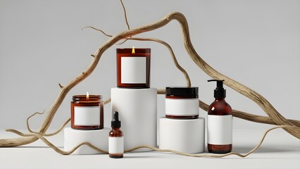 Amber glass cosmetic and wellness products with branches