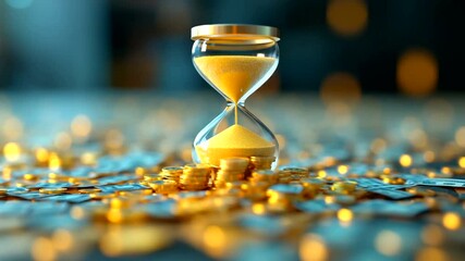 An hourglass filled with golden sand surrounded by scattered coins - Powered by Adobe