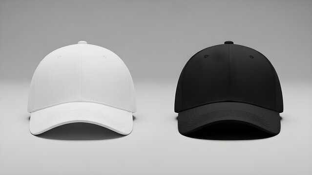 Classic white and black baseball caps on a grey background