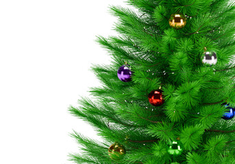 Close up of a perfectly decorated Christmas tree with balls on a white background