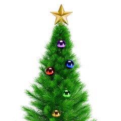 Close up of a perfectly decorated Christmas tree with balls on a white background