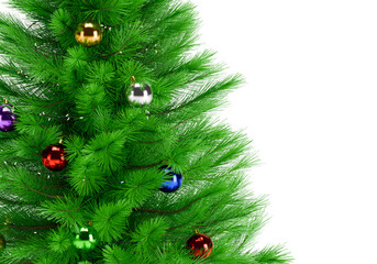 Close up of a perfectly decorated Christmas tree with balls on a white background